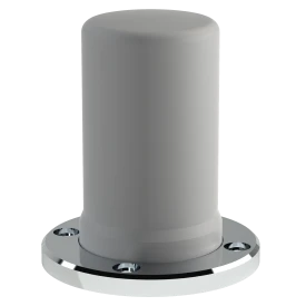 A render of a cylindrical grey antenna with a rounded top edge. The base is slightly larger in circumference than the cylinder body and has a shiny metallic finish with a hole pattern for fixturing.