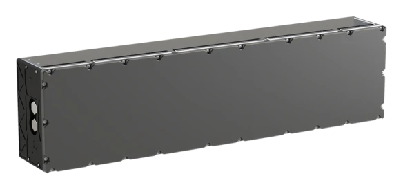 A render of a rectangular cube-like phased array. The largest dimension is it's width by several factors. The next largest dimension it's height and then it's depth is the smallest dimension. The entire body is black with the exception of silver fasteners.