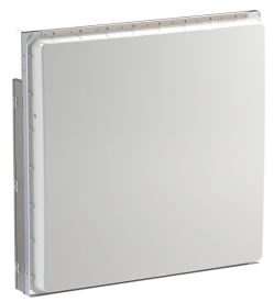 A larger square phased array that has a white radome. There are mounting features along the perimeter of the antenna.