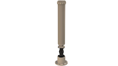 A render of a tan vertical medium-thick cylindrical antenna. The base has a black spring and beneath that is a base that is slightly larger in radius than the radius of the cylinder that is equipped with mounting hole locations for fixturing.
