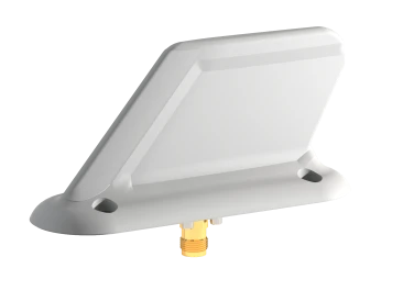 A render of a white conformal blade antenna with a shiny gold connector protruding from the base.