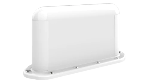 A render of conformal looking rounded rectangular white antenna. The base is flat and slightly larger in circumference than the body to allow for mounting holes for fixturing.