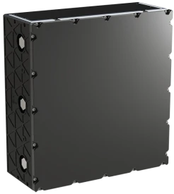 A render of a rectangular cube shaped antenna. The entire antenna is black with the exception of silver fasteners.