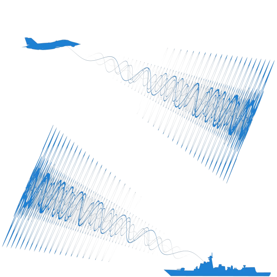 An icon of a bright blue fighter jet in the upper left corner of the image with an assortment of bright blue sin waves coming from the jet and expanding in amplitude linearly, pointing diagonally towards the ground. Each sine wave has a different amplitude, frequency and chirp. There is a bright blue icon of a military ship in the bottom right side of the image with the same kind of sinusoidal waves coming from the ship, but pointing diagonally towards the sky.