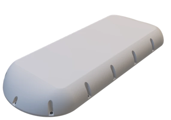 A render of a light grey antenna. It has a low profile. It is long, flat, and resembles a rounded rectangle.
